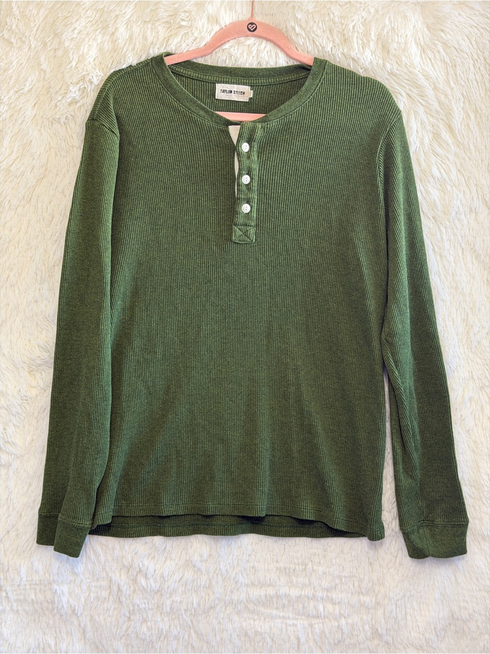 Taylor Stitch Mens Heavy Bag Waffle Knit Henley Shirt Size 42 Green Gorpcore